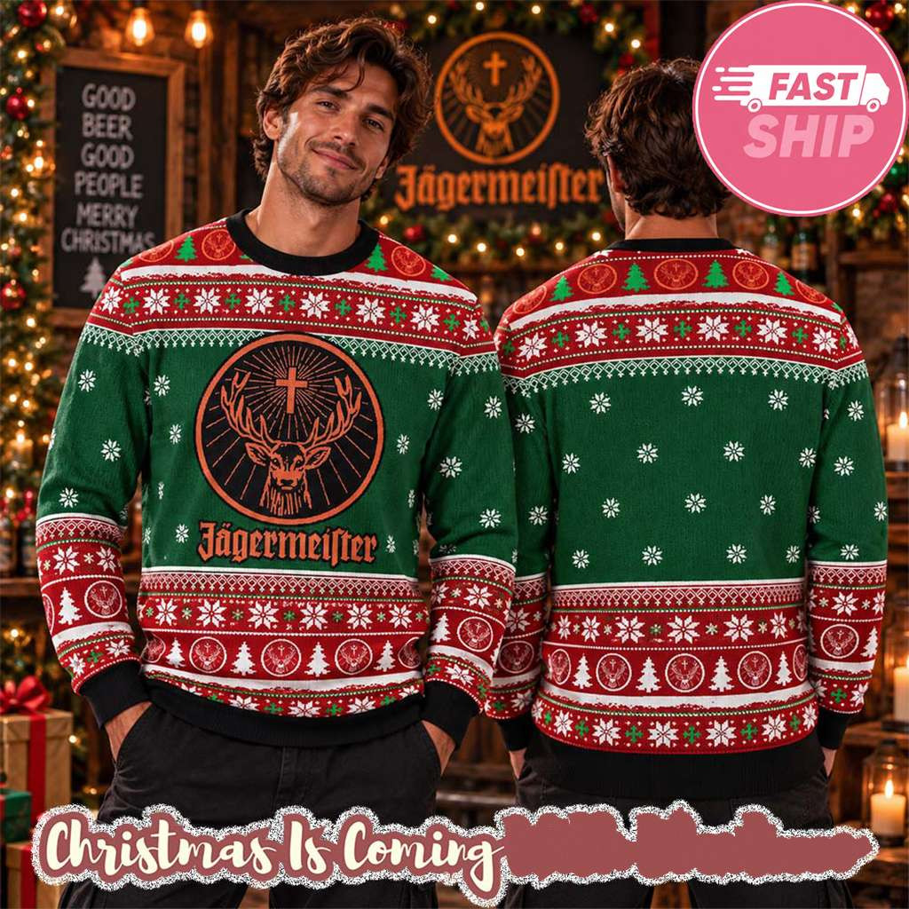 Jagermeister Deer Big Logo Snowflakes And Pine Tree In Red And Green Christmas Ugly Sweater 1 - Unicasport Jagermeister Deer Big Logo Snowflakes And Pine Tree In Red And Green Christmas Ugly Sweater