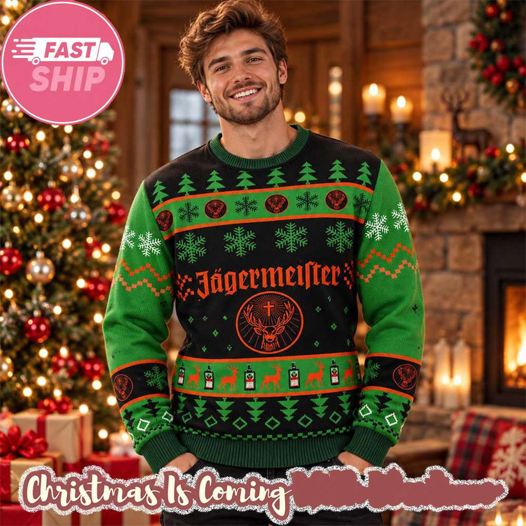 Jagermeister Orange Logo With Deer And Snowflakes Pine Tree Pattern Christmas Ugly Sweater 1 - Unicasport Jagermeister Orange Logo With Deer And Snowflakes Pine Tree Pattern Christmas Ugly Sweater
