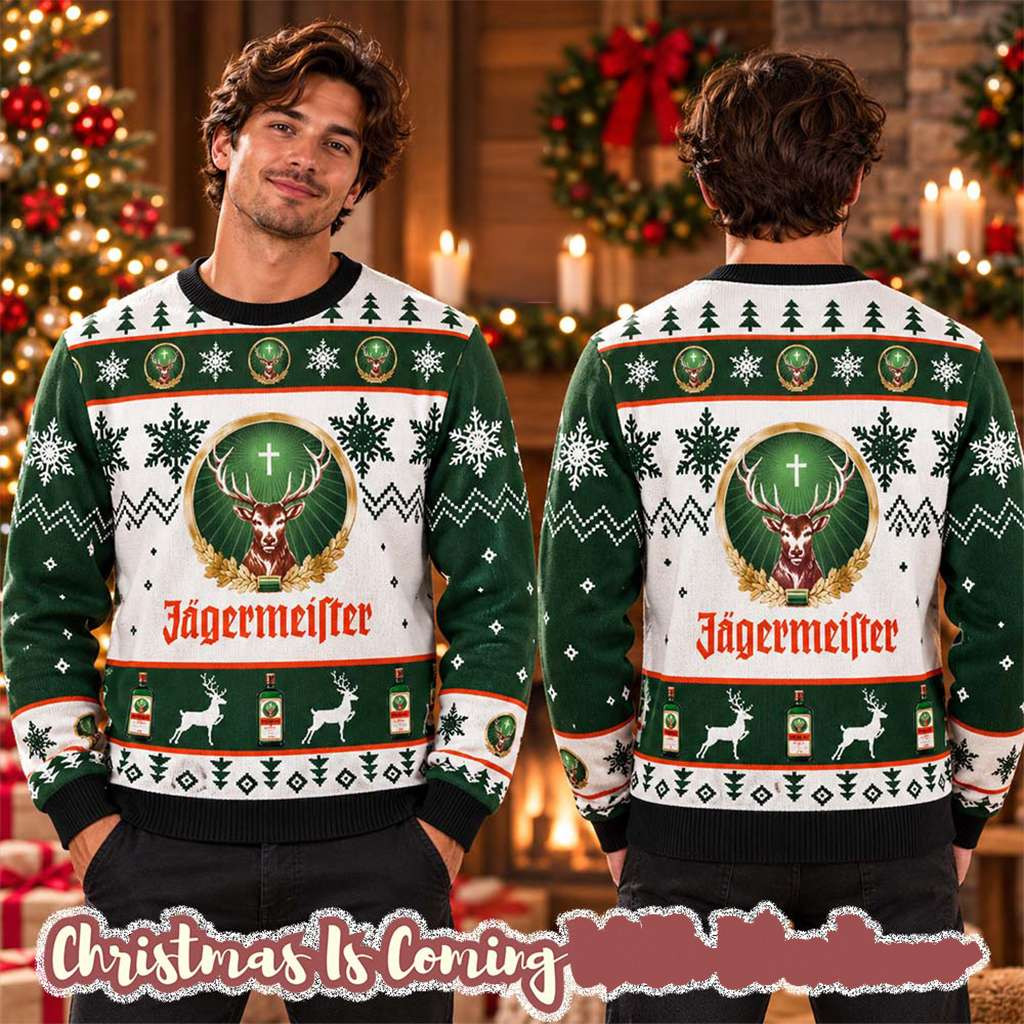Jagermeister Signature Dear Logo Snowflakes Christmas Ugly Sweater Holiday Outfit For Him 1 - Unicasport Jagermeister Signature Dear Logo Snowflakes Christmas Ugly Sweater Holiday Outfit For Him
