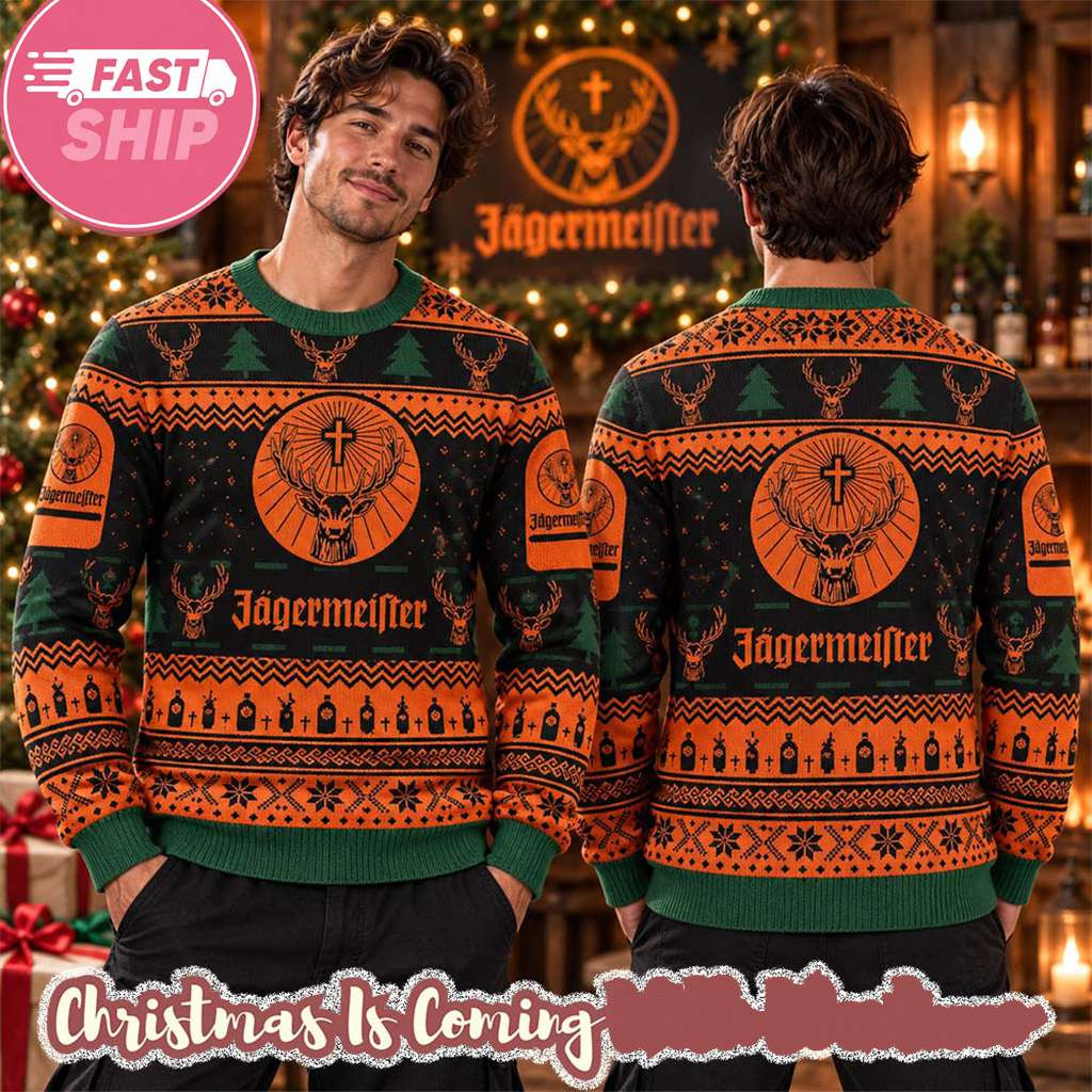 Jagermeister Snowflakes And Pine Tree In Orange And Black Christmas Ugly Sweater Lover Gifts 1 - Unicasport Jagermeister Snowflakes And Pine Tree In Orange And Black Christmas Ugly Sweater Lover Gifts