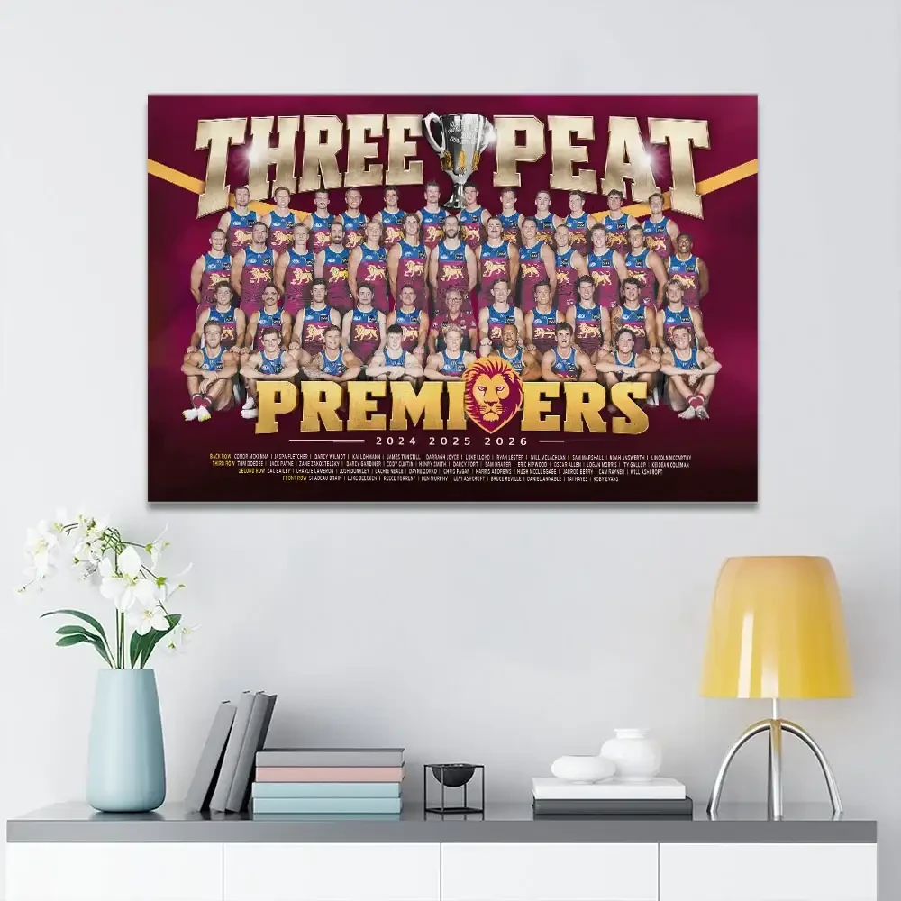 Brisbane Lions Merch 2026 AFL Premiers Poster Three Peat Champions Wall Art Decor Ideas