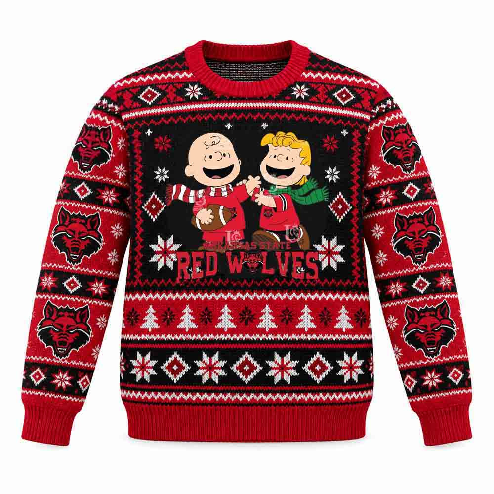 Arkansas State Red Wolves Merch Charlie Brown And Linus Football Christmas Ugly Sweater Gift For Football Fans 1 - Unicasport Arkansas State Red Wolves Merch Charlie Brown And Linus Football Christmas Ugly Sweater Gift For Football Fans