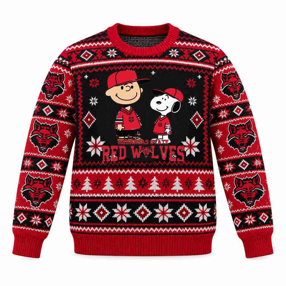 Arkansas State Red Wolves Merch Peanuts Snoopy Football Christmas Ugly Sweater Gift For Football Fans 1 - Unicasport Arkansas State Red Wolves Merch Peanuts Snoopy Football Christmas Ugly Sweater Gift For Football Fans
