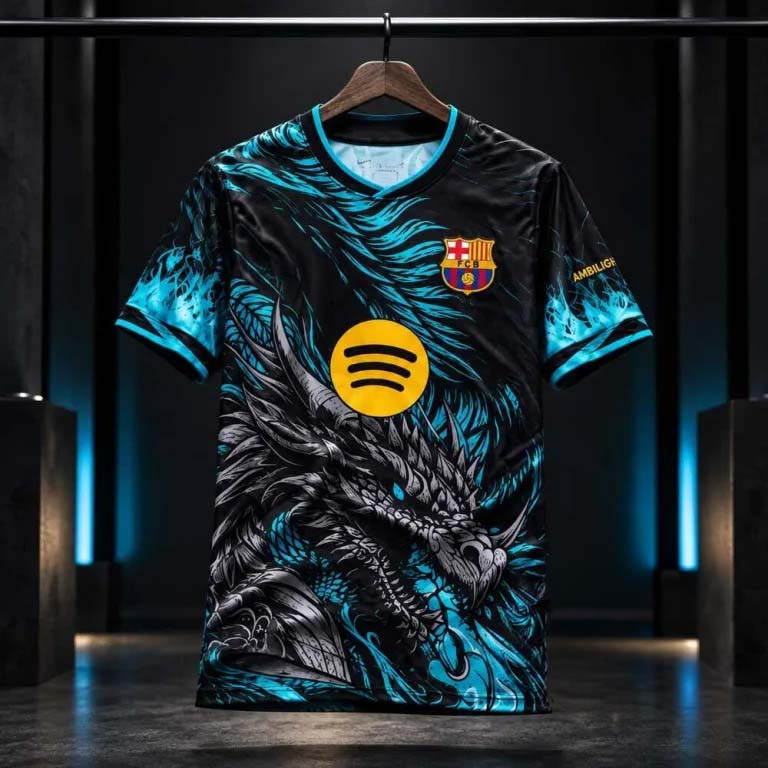 FC Barcelona Merch Dragon Edition Ice Blue Jersey Shirt 2026 Gift For Soccer Lover 1 - Unicasport FC Barcelona Merch Dragon Edition Ice Blue Jersey Shirt 2026 Gift For Soccer Lover
