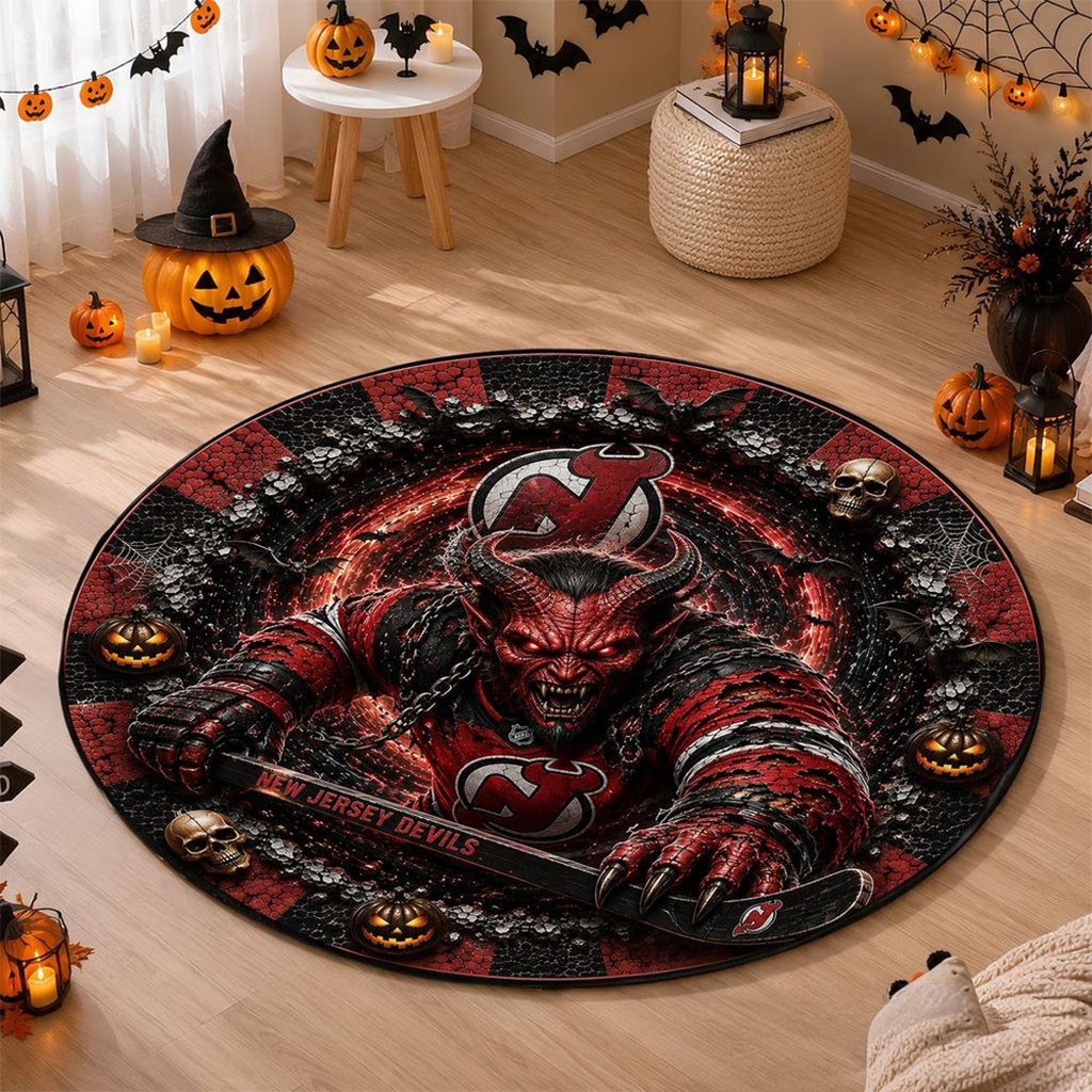 New Jersey Devils Halloween Quilted Round Rug Rustic Home Decor New Jersey Devils Merch 1 - Unicasport New Jersey Devils Halloween Quilted Round Rug Rustic Home Decor New Jersey Devils Merch