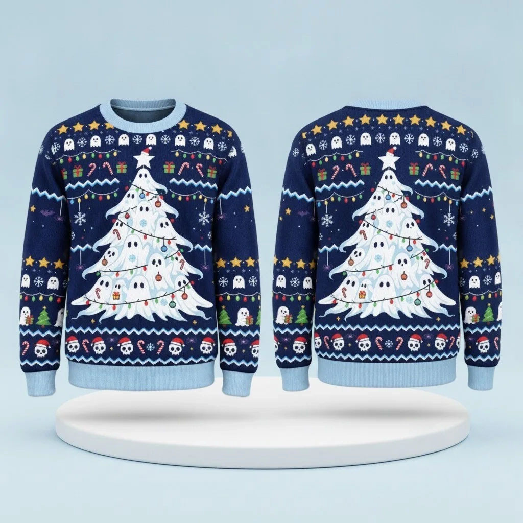 2026 Ghostly Evergreen Ugly Christmas Sweater Spooky Ghost Tree Holiday Jumper Xmas Gifts 1 - Unicasport 2026 Ghostly Evergreen Ugly Christmas Sweater Spooky Ghost Tree Holiday Jumper Xmas Gifts