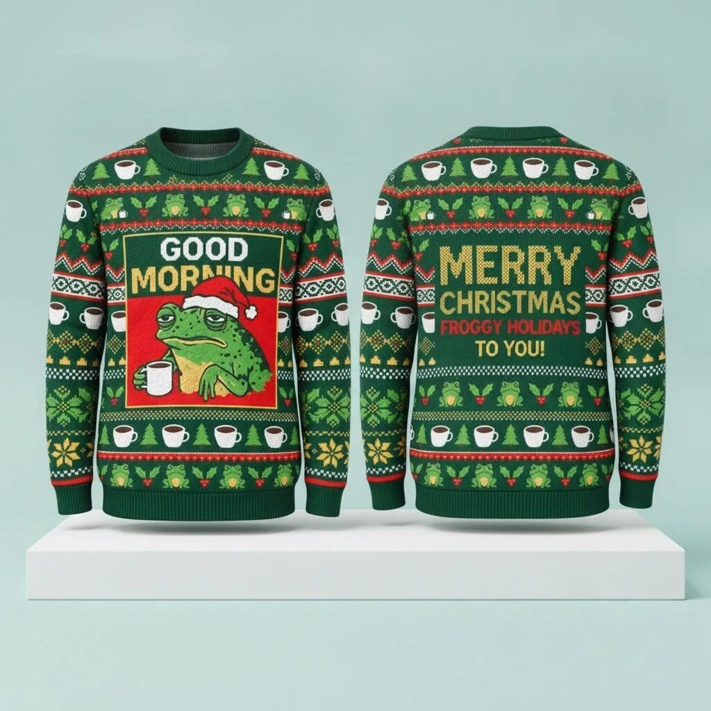 2026 Good Morning Grumpy Frog Coffee Ugly Christmas Sweater Funny Holiday Coffee Jumper Gifts
