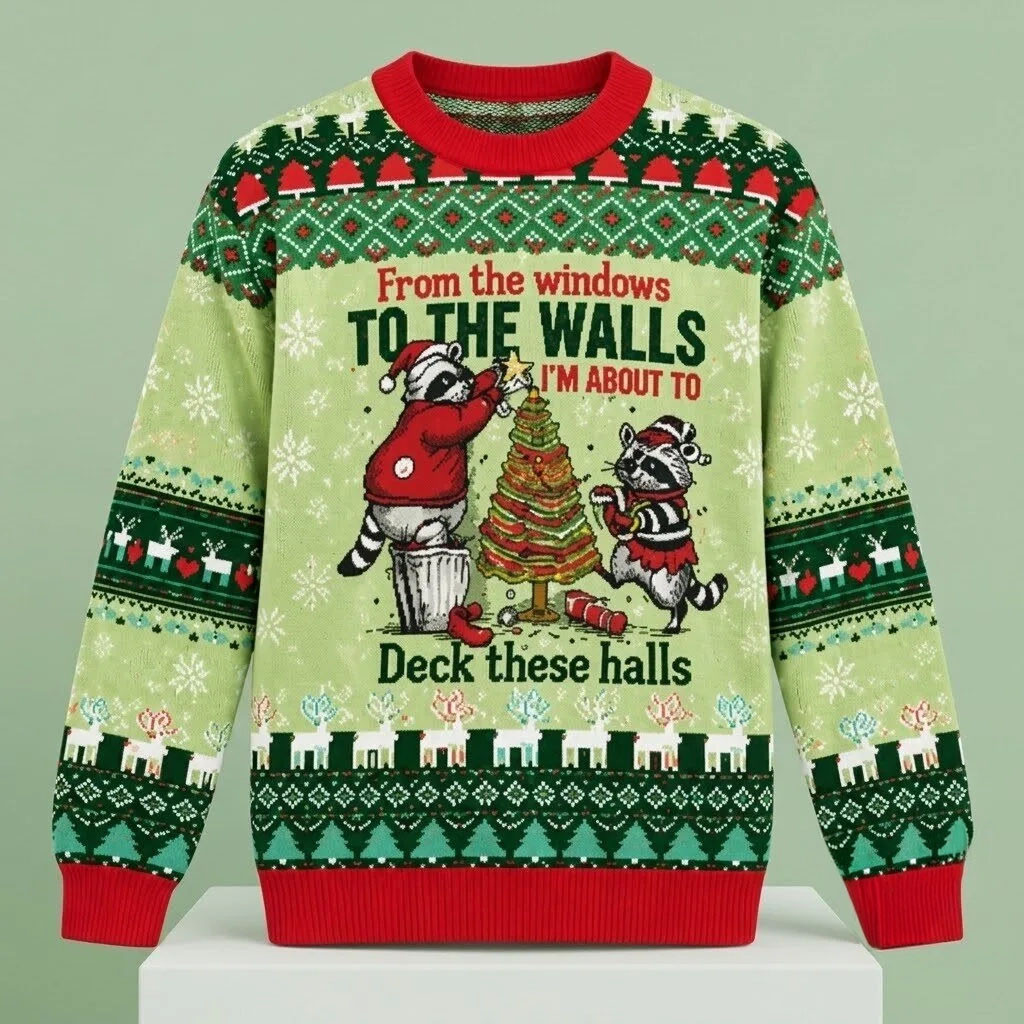 Racoon From The Windows To The Walls Deck These Halls Christmas Ugly Sweater Gift For Xmas 1 - Unicasport Racoon From The Windows To The Walls Deck These Halls Christmas Ugly Sweater Gift For Xmas