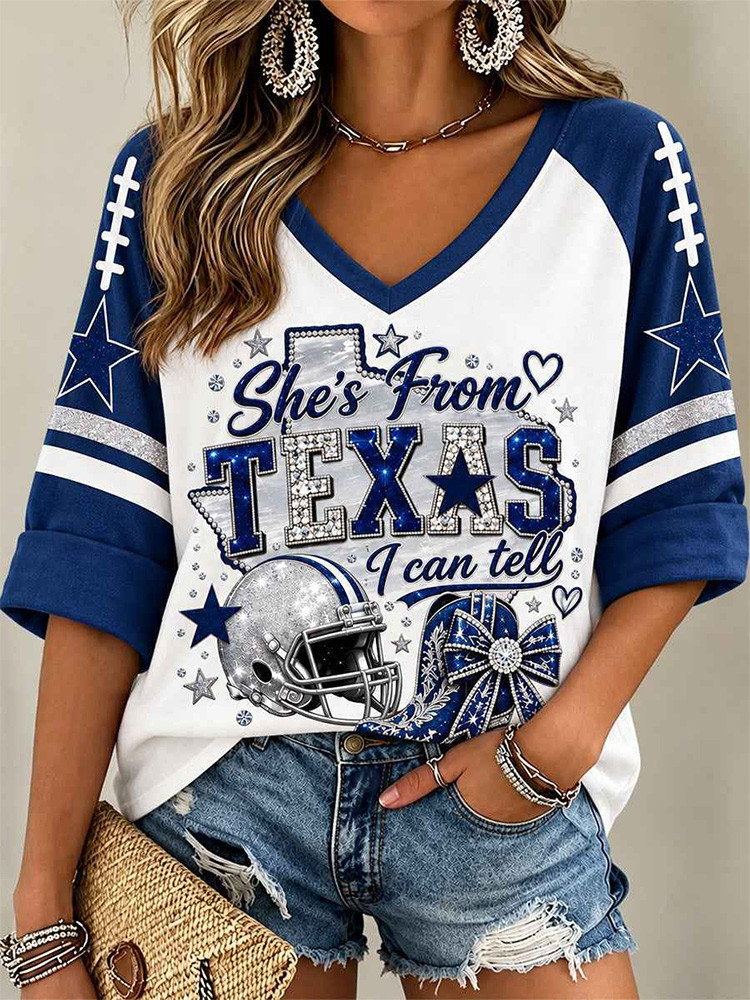 Dallas Cowboys Merch She From Texas I Can Tell Long Sleeves V-Neck Shirt NFL Outfit Gift Idea 1 - Unicasport Dallas Cowboys Merch She From Texas I Can Tell Long Sleeves V-Neck Shirt NFL Outfit Gift Idea