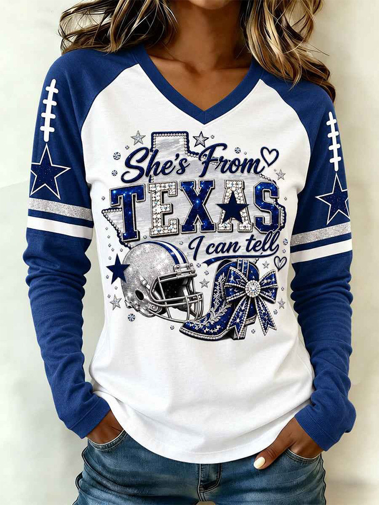 Dallas Cowboys Merch She's From Texas I Can Tell Long Sleeves V-Neck Shirt NFL Outfit Gifts Idea 1 - Unicasport Dallas Cowboys Merch She's From Texas I Can Tell Long Sleeves V-Neck Shirt NFL Outfit Gifts Idea