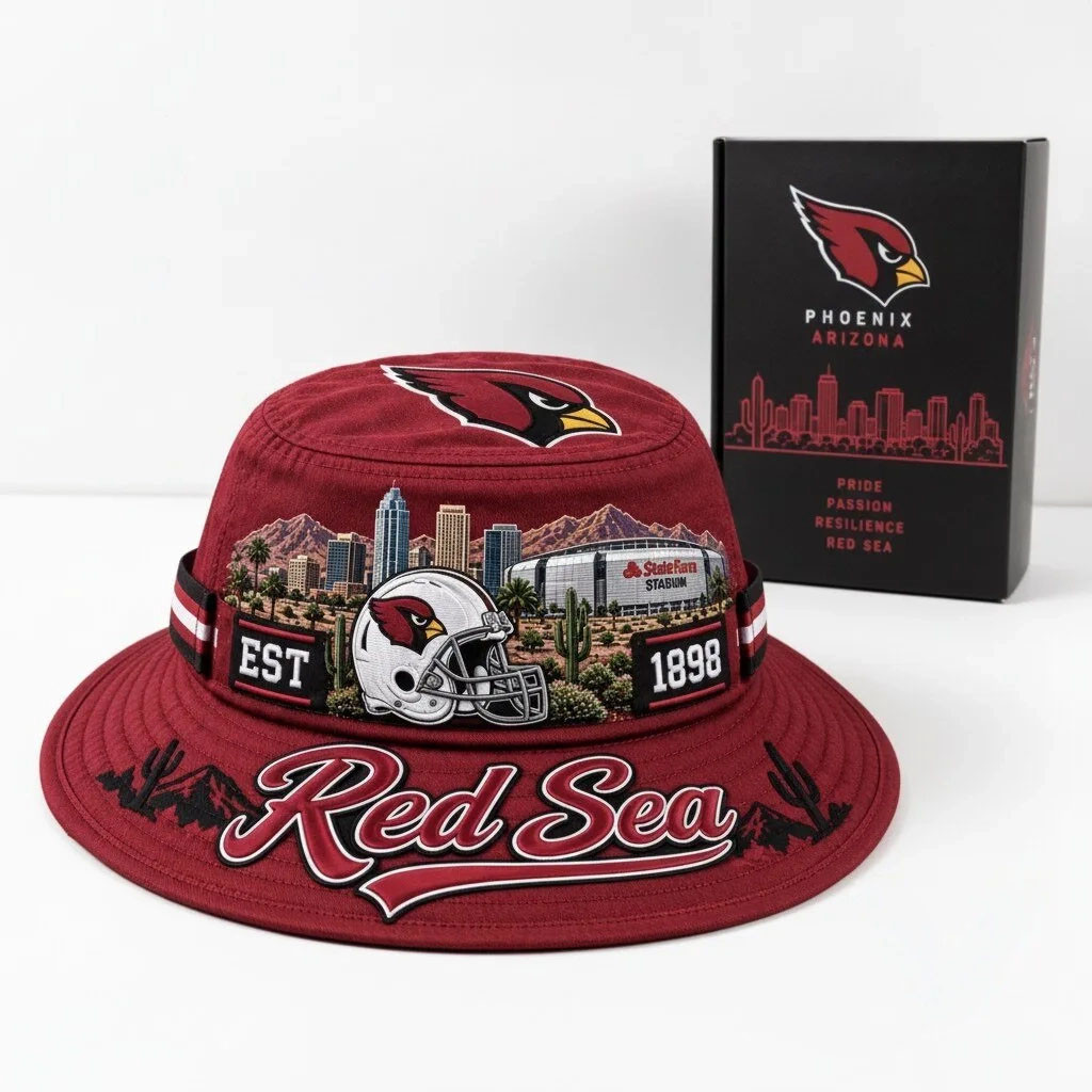 Arizona Cardinals Merch Red Sea Bucket Hat Phoenix Skyline State Farm Stadium Cap Fan Gifts