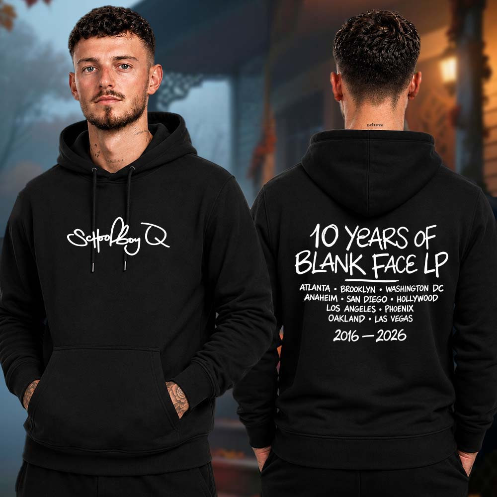 ScHoolboy Q Merch 10 Years Of Blank Face LP Tour 2026 Logo Dateback Hoodie Gift For Rapper Lover 1 - Unicasport ScHoolboy Q Merch 10 Years Of Blank Face LP Tour 2026 Logo Dateback Hoodie Gift For Rapper Lover