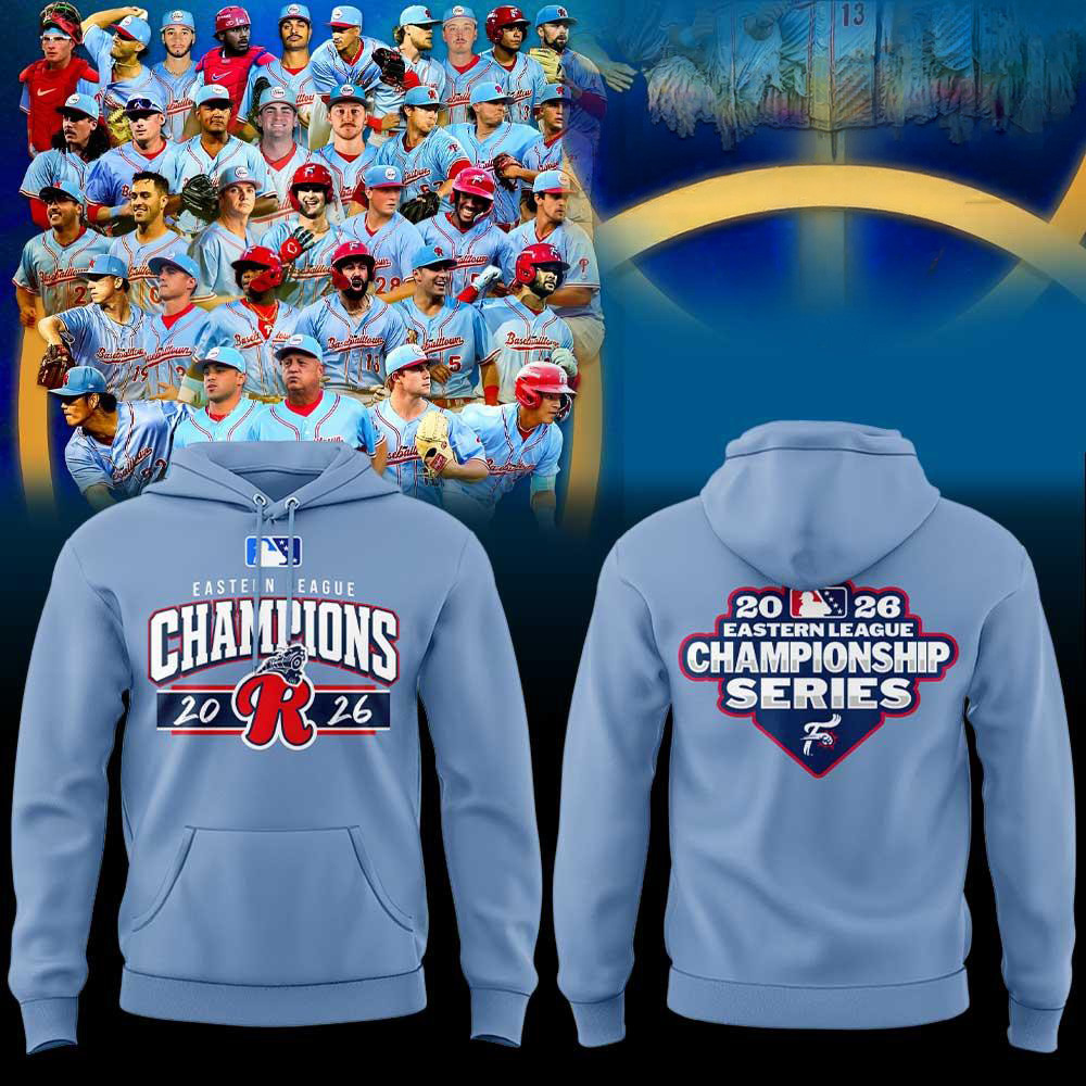 Reading Fightin Phils Merch 2026 Eastern League Champions Light Blue Hoodie Baseball Apparel