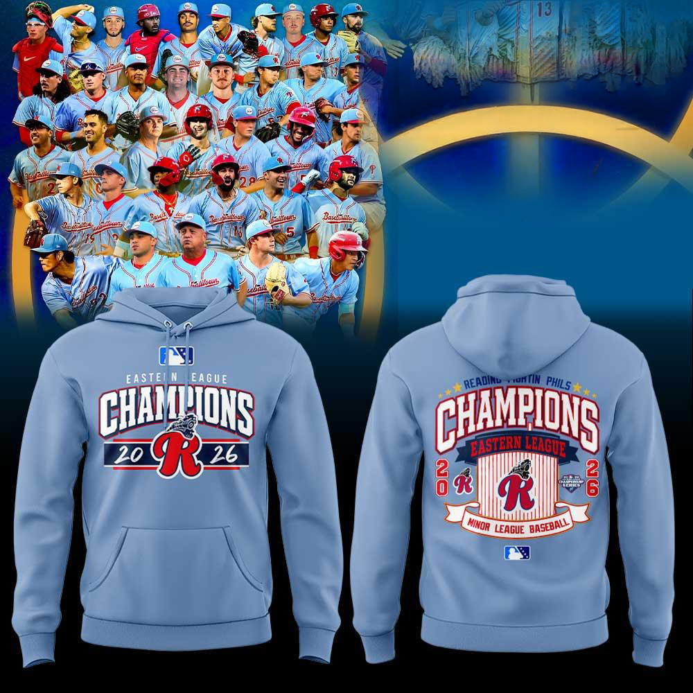 Reading Fightin Phils Merch 2026 Eastern League Champions Light Blue Hoodie Game Day Clothing