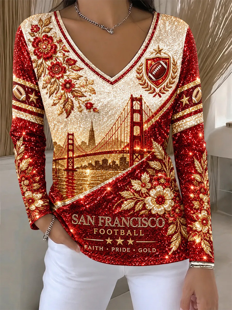 San Francisco 49ers Merch San Francisco Football 49ers Long Sleeves V-Neck Shirt NFL Outfit Football Fan Gifts