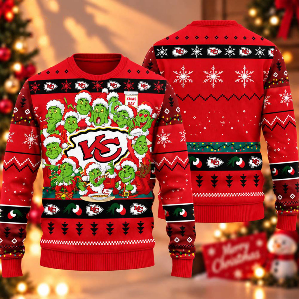 Kansas City Chiefs 12 Grinch Xmas Day 2026 Ugly Christmas Sweater KC Chiefs Merch Fans Gifts 1 - Unicasport Kansas City Chiefs 12 Grinch Xmas Day 2026 Ugly Christmas Sweater KC Chiefs Merch Fans Gifts