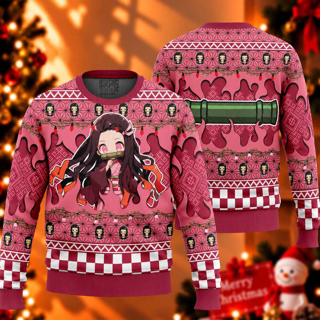Demon Slayer Nezuko Kamado Chibi Christmas Ugly Sweater Cute Anime Clothes Xmas Gifts For BFF