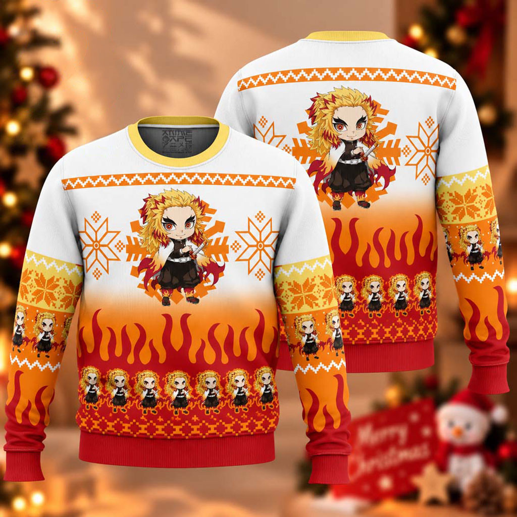 Demon Slayer Kyojuro Rengoku Chibi Christmas Ugly Sweater Anime Clothing Gifts For BFF 1 - Unicasport Demon Slayer Kyojuro Rengoku Chibi Christmas Ugly Sweater Anime Clothing Gifts For BFF