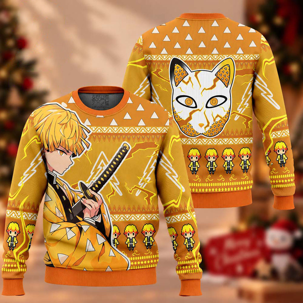 Demon Slayer Zenitsu Agatsuma Chibi Christmas Ugly Sweater Demon Slayer Clothes Xmas Gifts 1 - Unicasport Demon Slayer Zenitsu Agatsuma Chibi Christmas Ugly Sweater Demon Slayer Clothes Xmas Gifts