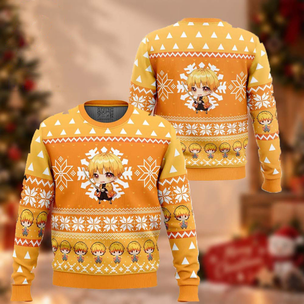 Demon Slayer Zenitsu Agatsuma Chibi Christmas Ugly Sweater Demon Slayer Clothing Gifts For Fan 1 - Unicasport Demon Slayer Zenitsu Agatsuma Chibi Christmas Ugly Sweater Demon Slayer Clothing Gifts For Fan