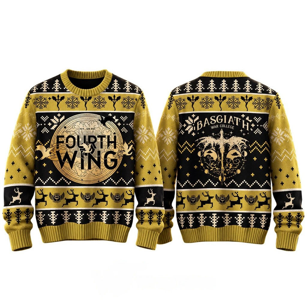 Fourth Wing Basgiath War College Yellow Christmas Ugly Sweater 2026 Fourth Wing Merch Gift 1 - Unicasport Fourth Wing Basgiath War College Yellow Christmas Ugly Sweater 2026 Fourth Wing Merch Gift
