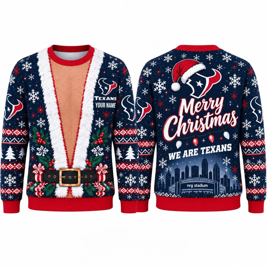 Custom Houston Texans Merry Christmas We Are Texas 2026 Ugly Sweater Houston Texans Merch 1 - Unicasport Custom Houston Texans Merry Christmas We Are Texas 2026 Ugly Sweater Houston Texans Merch