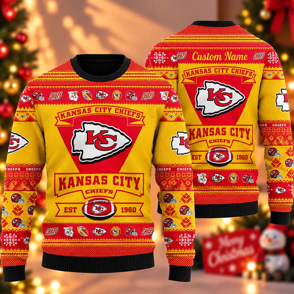 Custom Kansas City Chiefs Football Est 1960 Ugly Christmas Sweater KC Chiefs Merch Xmas Gifts 1 - Unicasport Custom Kansas City Chiefs Football Est 1960 Ugly Christmas Sweater KC Chiefs Merch Xmas Gifts