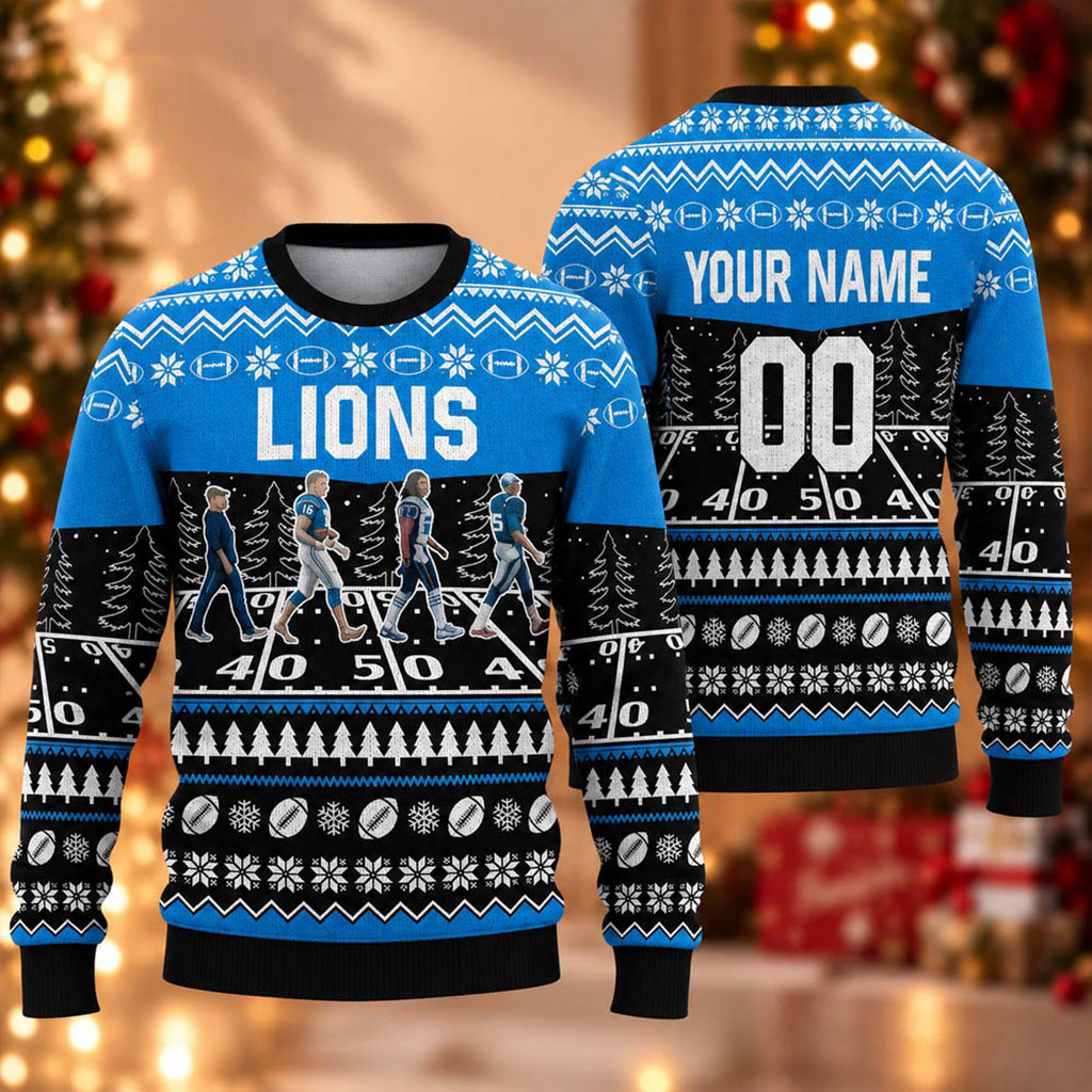 Custom Detroit Lions Walking Abbey Road Christmas Ugly Sweater Lions Merch Dad Christmas Gifts 1 - Unicasport Custom Detroit Lions Walking Abbey Road Christmas Ugly Sweater Lions Merch Dad Christmas Gifts