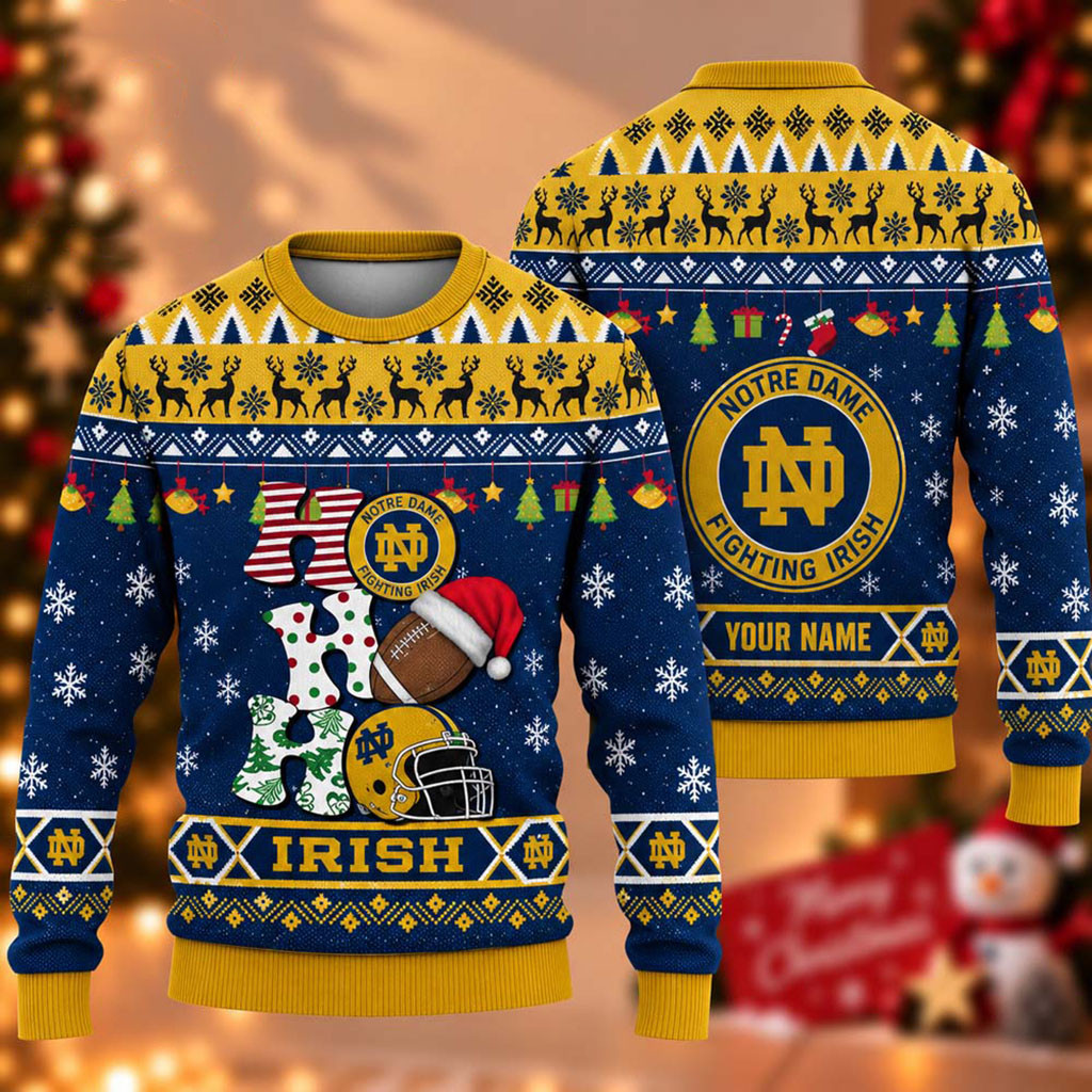 Custom Notre Dame Fighting Irish Ho Ho Ho 2026 Christmas Ugly Sweater Fighting Irish Merch 1 - Unicasport Custom Notre Dame Fighting Irish Ho Ho Ho 2026 Christmas Ugly Sweater Fighting Irish Merch