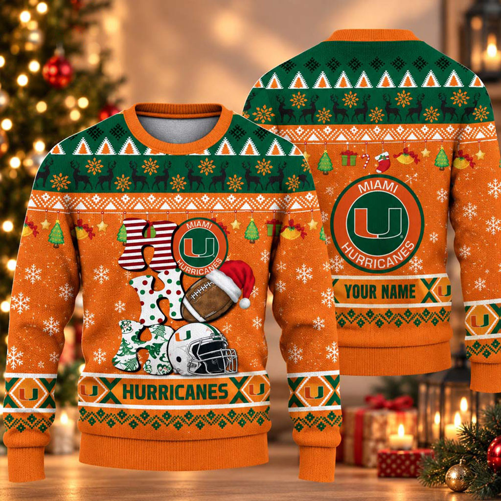 Custom Miami Hurricanes HO HO HO 2026 Christmas Ugly Sweater Hurricanes Merch Gifts For Fans 1 - Unicasport Custom Miami Hurricanes HO HO HO 2026 Christmas Ugly Sweater Hurricanes Merch Gifts For Fans
