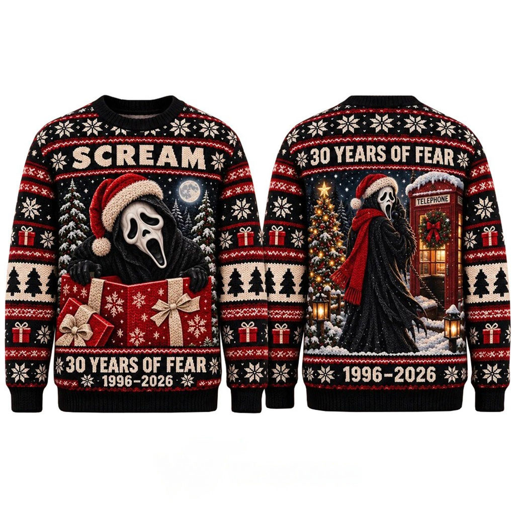 Scream Ghostface 30 Years Of Fear Holiday 2026 Christmas Ugly Sweater Scream Merch Horror Gear 1 - Unicasport Scream Ghostface 30 Years Of Fear Holiday 2026 Christmas Ugly Sweater Scream Merch Horror Gear