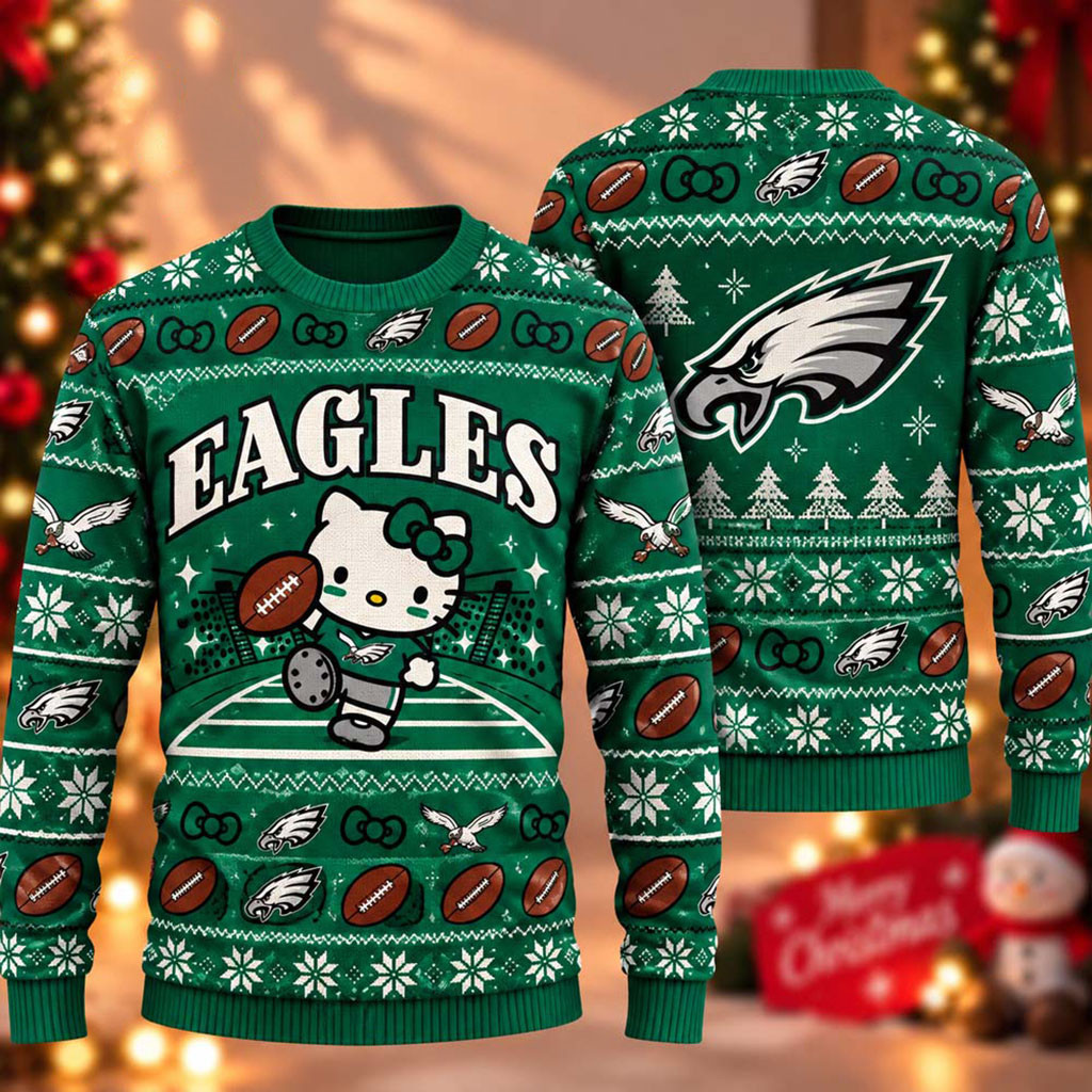 Philadelphia Eagles Hello Kitty 2026 Ugly Christmas Sweater Eagles Merch Football Fan Gift Ideas 1 - Unicasport Philadelphia Eagles Hello Kitty 2026 Ugly Christmas Sweater Eagles Merch Football Fan Gift Ideas