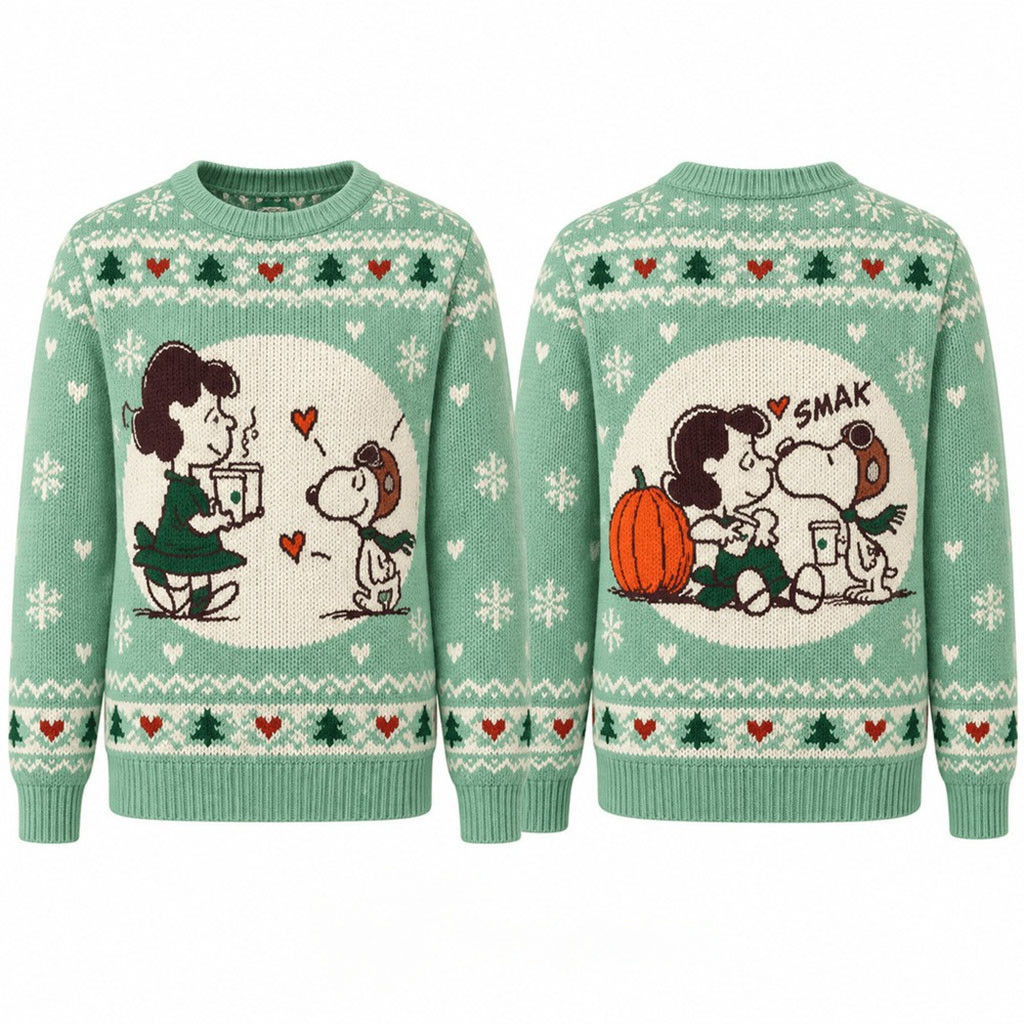 SB X Peanuts Snoopy And Lucy Van Pelt Coffee Date 2026 Ugly Christmas Sweater Gifts For Xmas 1 - Unicasport SB X Peanuts Snoopy And Lucy Van Pelt Coffee Date 2026 Ugly Christmas Sweater Gifts For Xmas