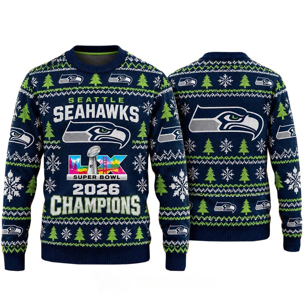 Seattle Seahawks Super Bowl LX Champions 2026 Christmas Ugly Sweater Seahawks Merch Fan Gift