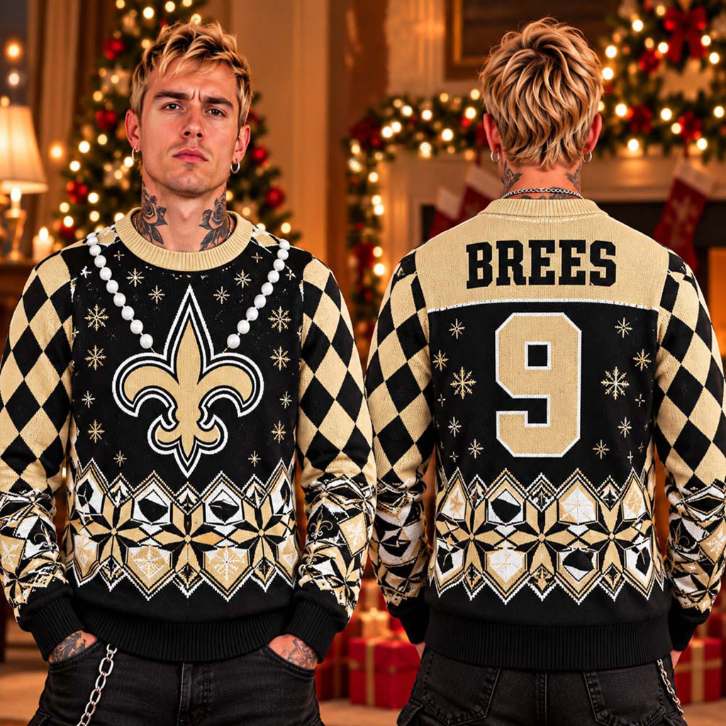 Brees #9 New Orleans Saints Football 2026 Christmas Ugly Sweater New Orleans Saints Merch Gift 1 - Unicasport Brees #9 New Orleans Saints Football 2026 Christmas Ugly Sweater New Orleans Saints Merch Gift