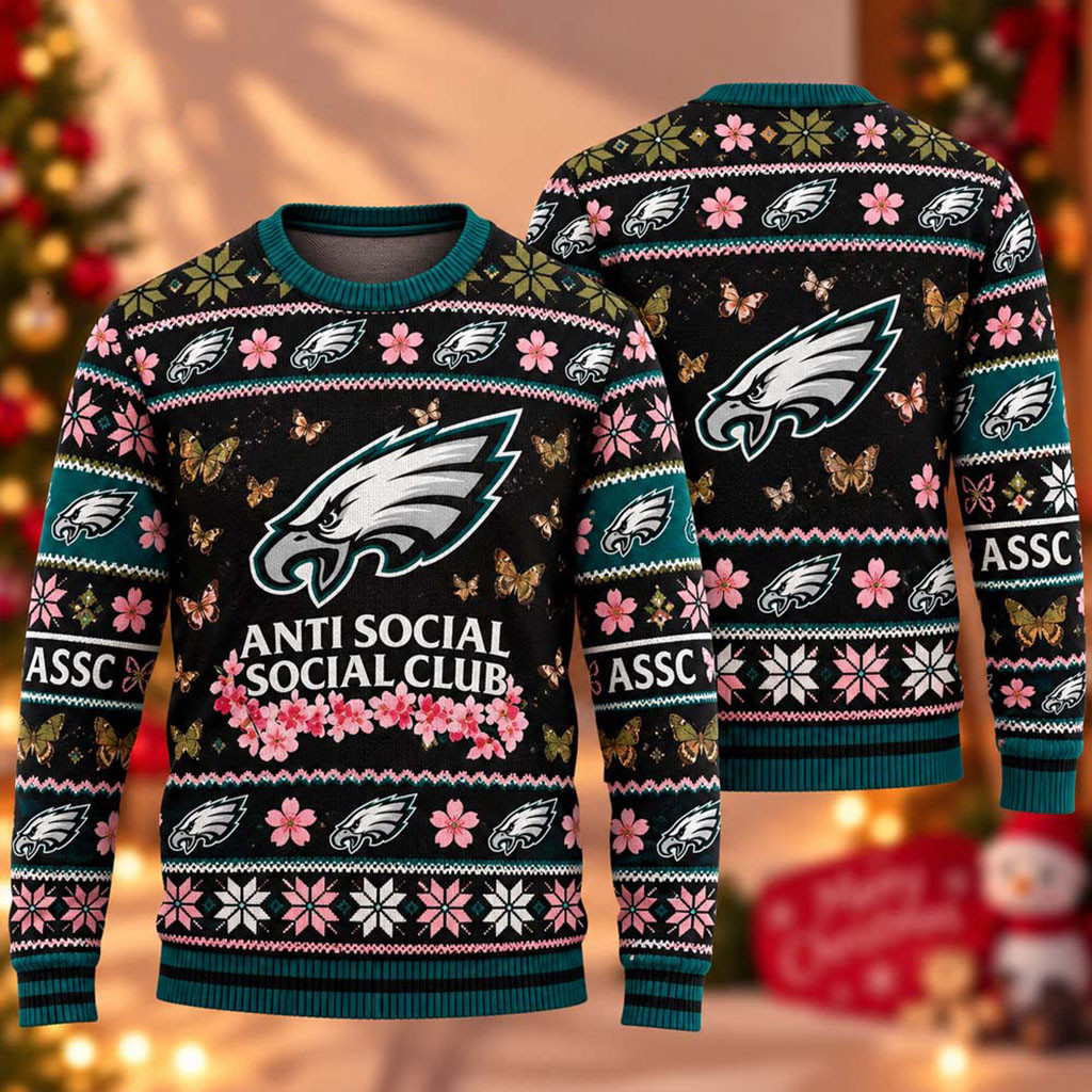 Philadelphia Eagles x Anti Social Social Club ASSC 2026 Ugly Christmas Sweater Eagles Merch 1 - Unicasport Philadelphia Eagles x Anti Social Social Club ASSC 2026 Ugly Christmas Sweater Eagles Merch