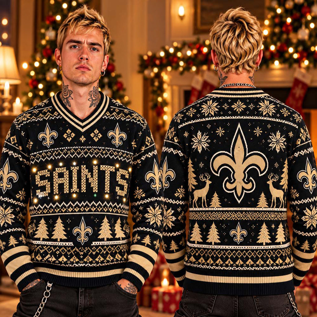 New Orleans Saints Light-Up 2026 V-Neck Christmas Ugly Sweater New Orleans Saints Merch Gift 1 - Unicasport New Orleans Saints Light-Up 2026 V-Neck Christmas Ugly Sweater New Orleans Saints Merch Gift