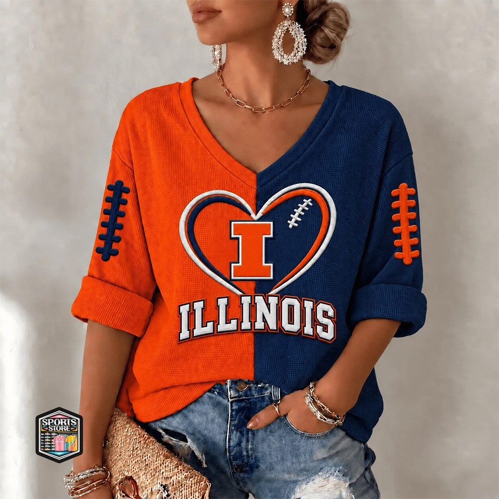 Illinois Fighting Illini Football Merch Heart Split Color V-Neck Long Sleeve Shirt Gifts For Her 1 - Unicasport Illinois Fighting Illini Football Merch Heart Split Color V-Neck Long Sleeve Shirt Gifts For Her