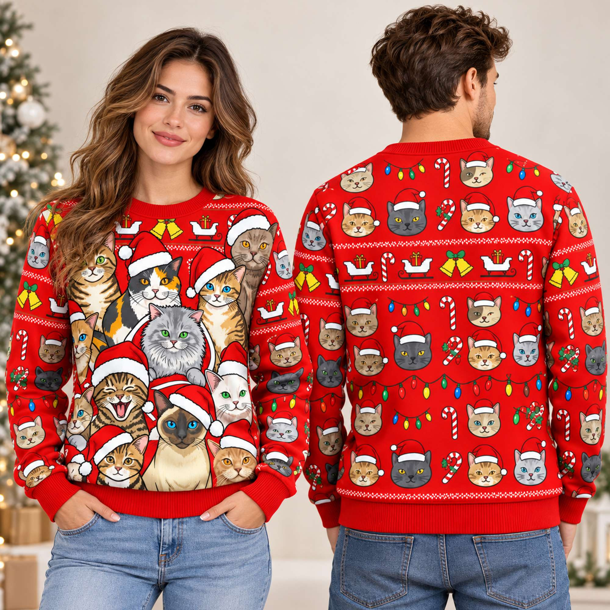 2026 Cats Lover Santa Ugly Christmas Sweater Cute Kitten Jumper Best Gift For Xmas