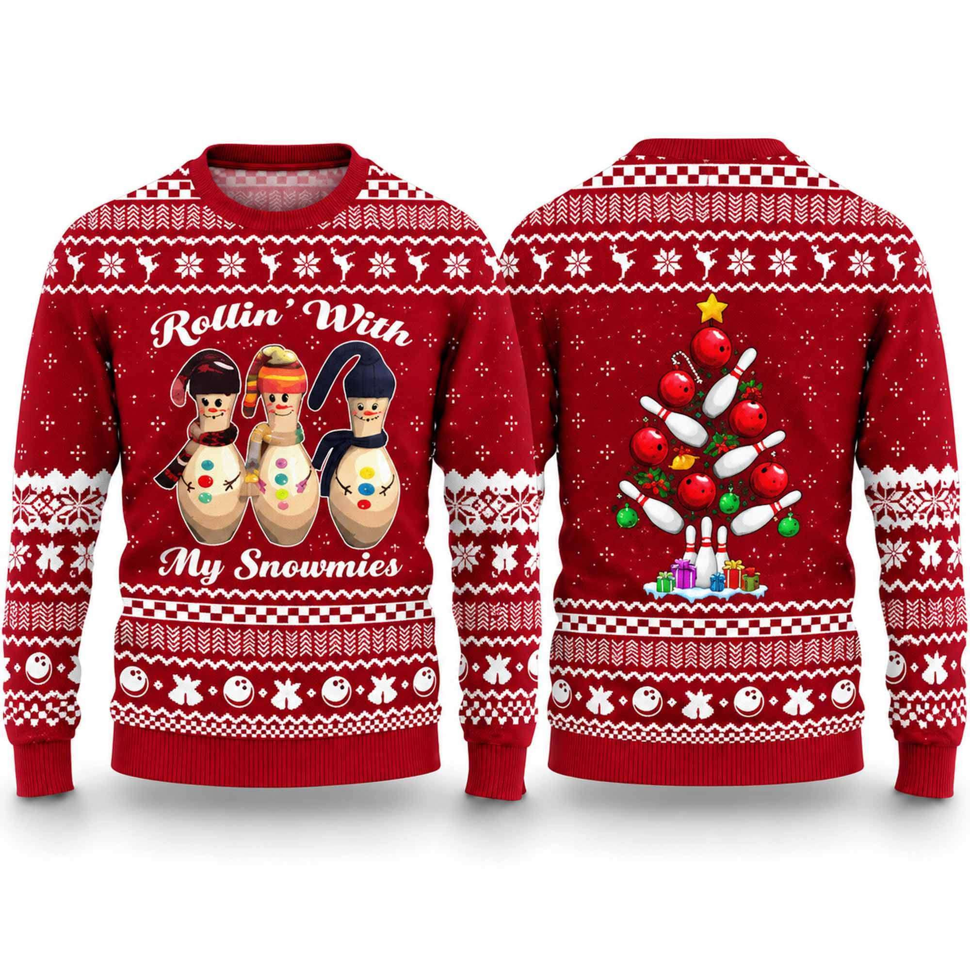 2026 Rollin With My Snowmies Bowling Snowman Ugly Christmas Sweater Xmas Gift For Brother