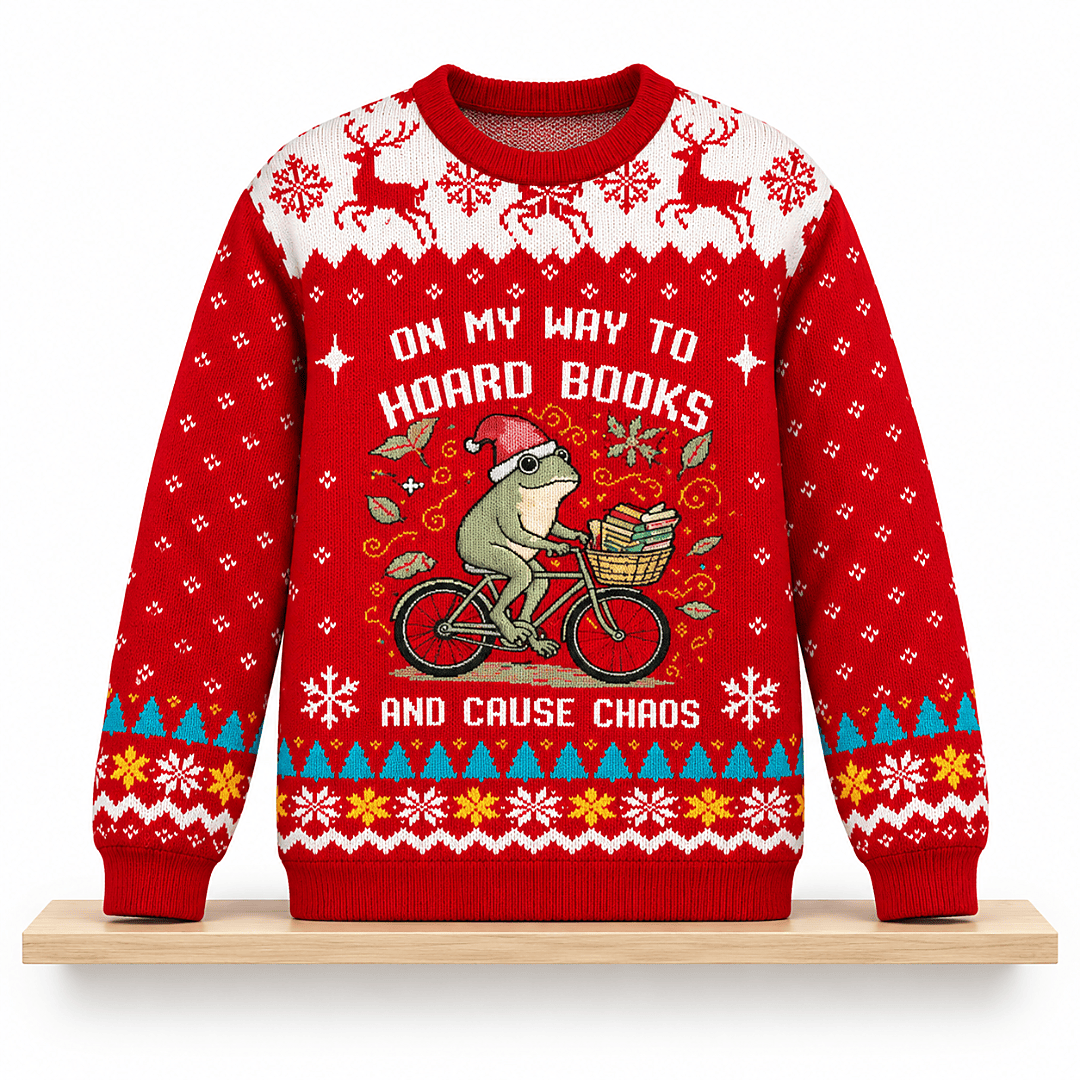 On My Way To Hoard Books And Cause Chaos Frog Christmas Ugly Sweater 2026 Xmas Gifts Ideas 1 - Unicasport On My Way To Hoard Books And Cause Chaos Frog Christmas Ugly Sweater 2026 Xmas Gifts Ideas