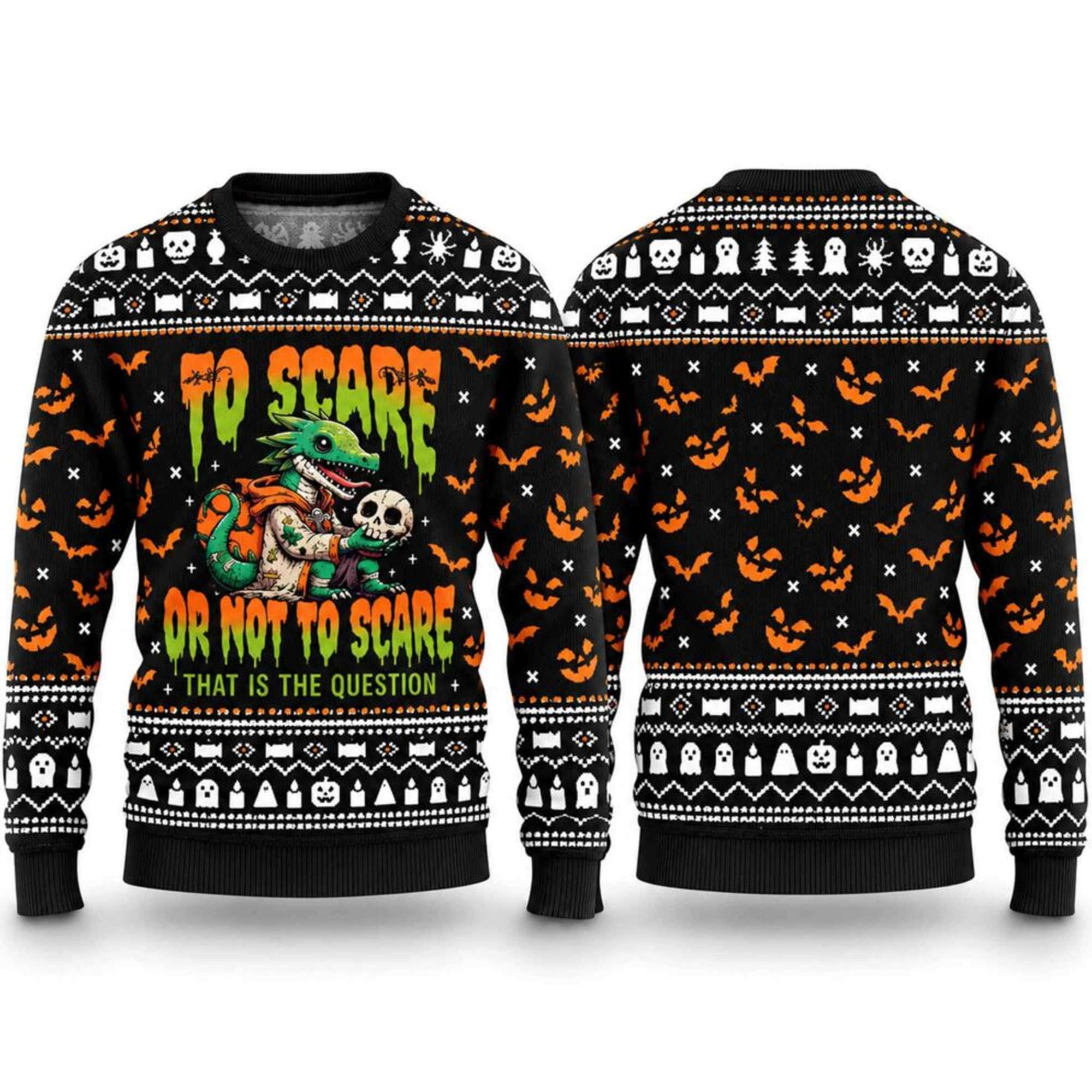 Dinosaur Skeleton To Scare Or Not To Scare That Is The Question Ugly Sweater Halloween Gifts 1 - Unicasport Dinosaur Skeleton To Scare Or Not To Scare That Is The Question Ugly Sweater Halloween Gifts
