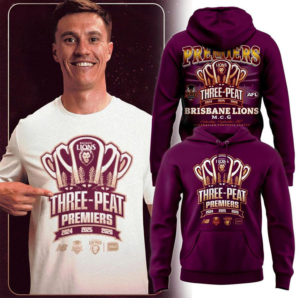Brisbane Lions 2026 Three-Peat Premiers Champions Hoodie Brisbane Lions Merch AFL Fan Gifts 1 - Unicasport Brisbane Lions 2026 Three-Peat Premiers Champions Hoodie Brisbane Lions Merch AFL Fan Gifts