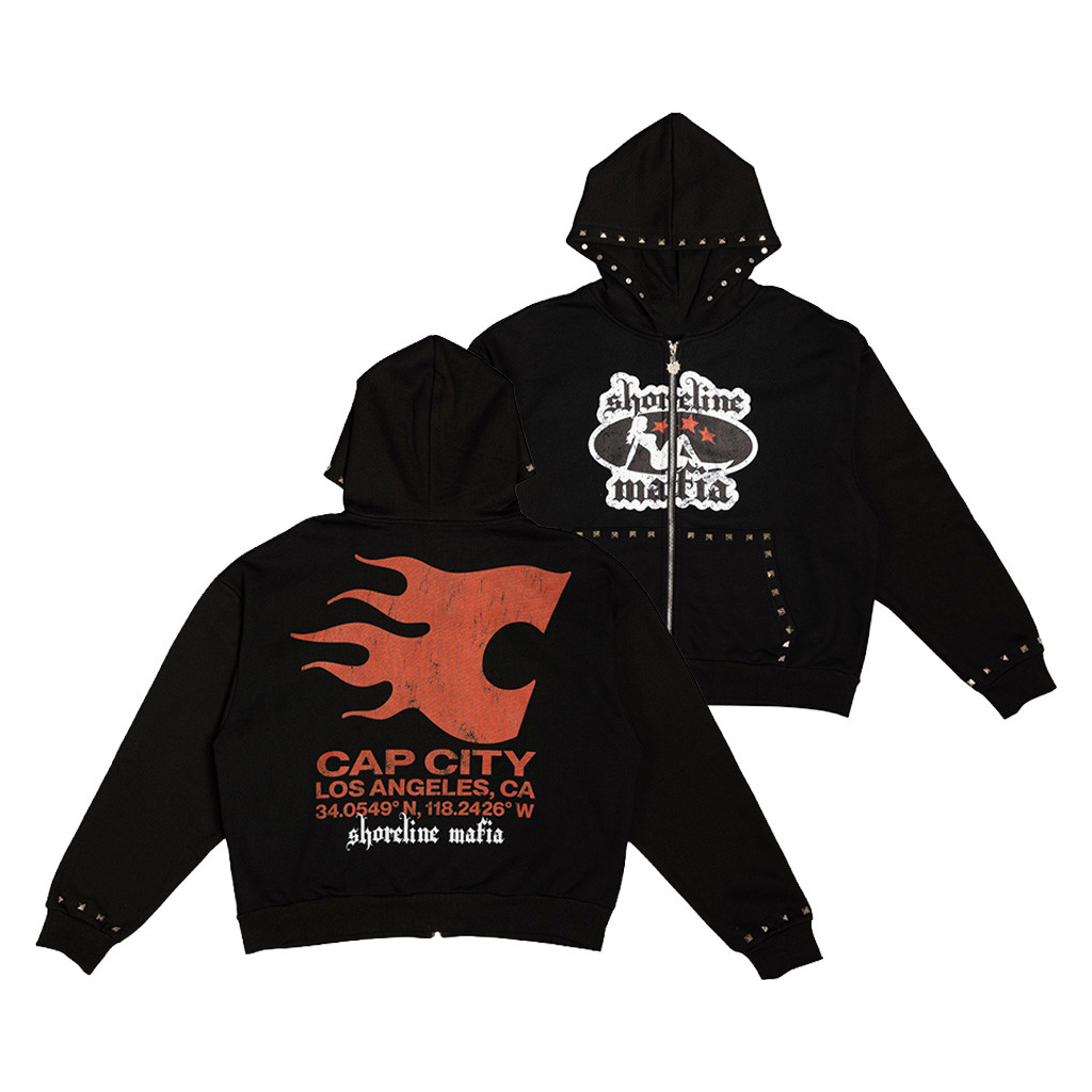 Shoreline Mafia Merch x Cap City Black Studded Zip Up Hoodie Great Hip Hop Fans Gear 1 - Unicasport Shoreline Mafia Merch x Cap City Black Studded Zip Up Hoodie Great Hip Hop Fans Gear