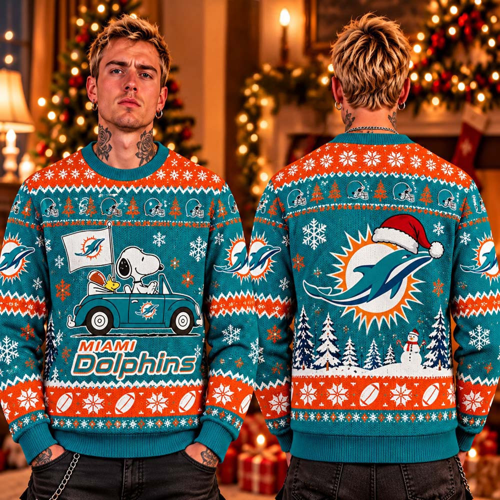Miami Dolphins Snoopy Peanuts 2026 Christmas Ugly Sweater Xmas Gifts For DolFans 1 - Unicasport Miami Dolphins Snoopy Peanuts 2026 Christmas Ugly Sweater Xmas Gifts For DolFans