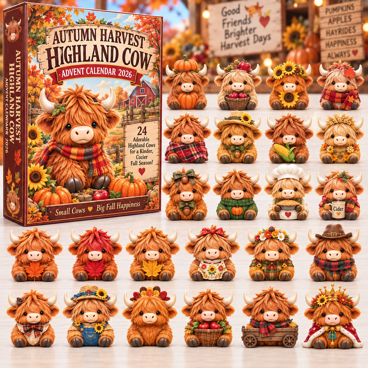 Autumn Harvest Highland Cow Advent Calendar 2026 24 Ornaments Christmas Gift For Farmer