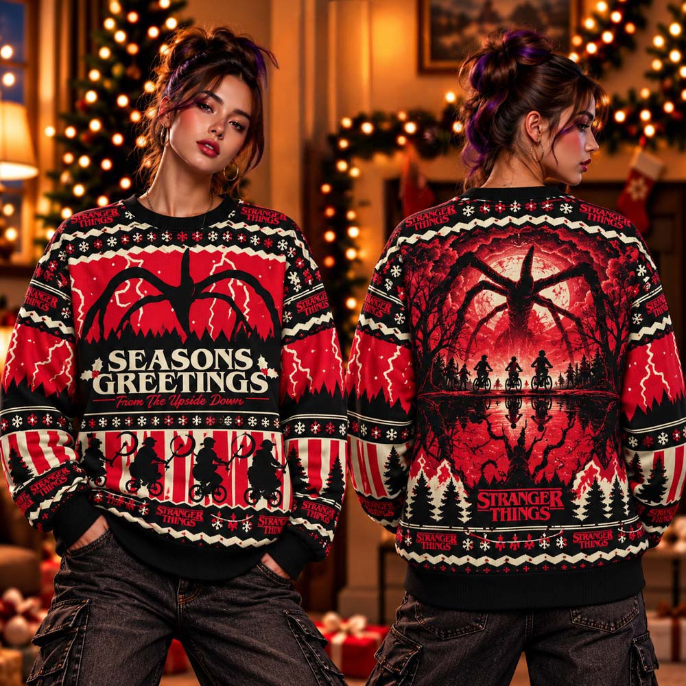 Stranger Things Seasons Greetings From The Upside Down 2026 Ugly Christmas Sweater Stranger Things Apparel 1 - Unicasport Stranger Things Seasons Greetings From The Upside Down 2026 Ugly Christmas Sweater Stranger Things Apparel
