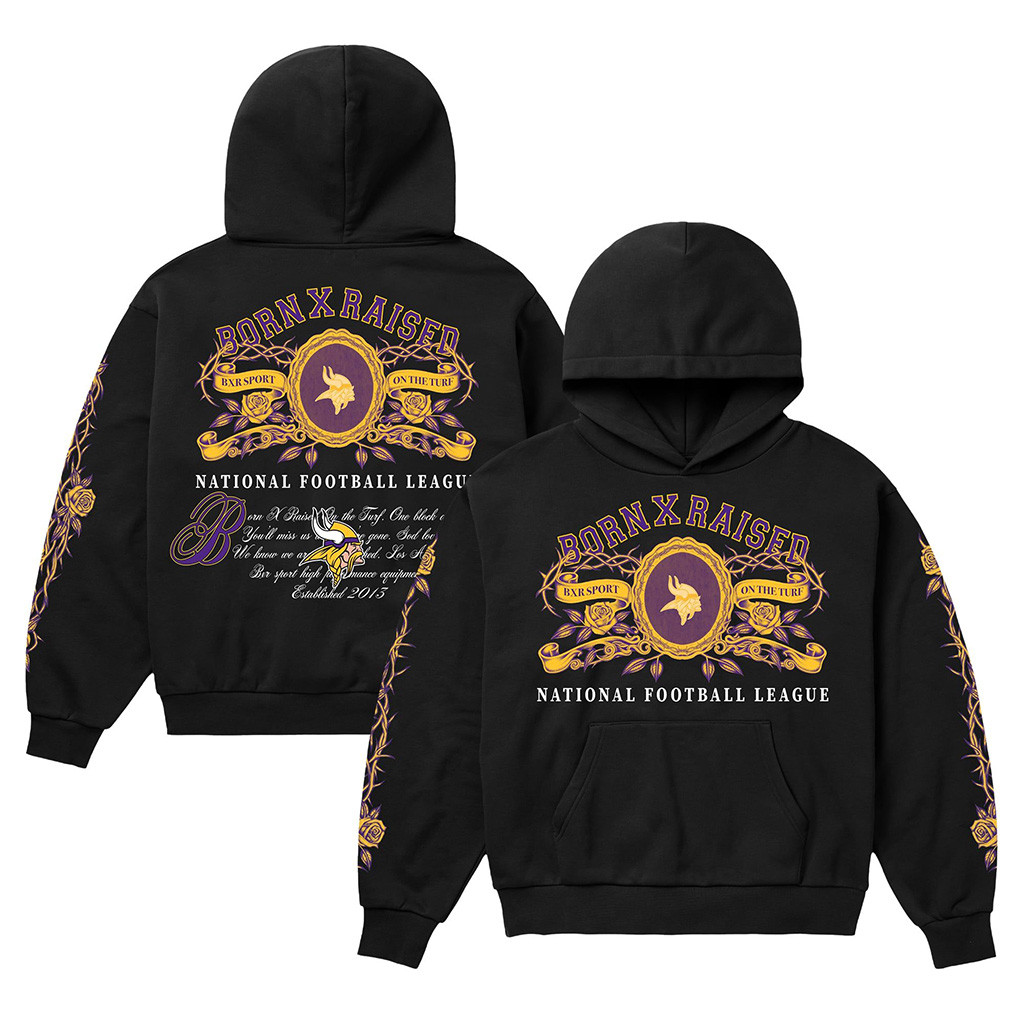 Minnesota Vikings Born X Raised NFL Merch MN Vikings Black Crest Hoodie American Football Gifts 1 - Unicasport Minnesota Vikings Born X Raised NFL Merch MN Vikings Black Crest Hoodie American Football Gifts