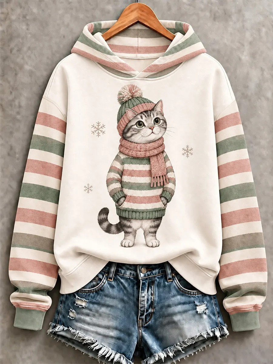 Cute Winter Tabby Cat Hoodie Cute Christmas Hooded Sweatshirt Gifts For Cat Lovers 1 - Unicasport Cute Winter Tabby Cat Hoodie Cute Christmas Hooded Sweatshirt Gifts For Cat Lovers
