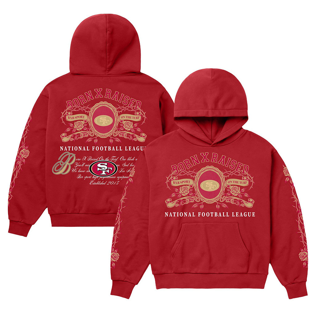San Francisco 49ers Born X Raised NFL Merch SF 49ers Crest Hoodie Gifts For Football Lovers 1 - Unicasport San Francisco 49ers Born X Raised NFL Merch SF 49ers Crest Hoodie Gifts For Football Lovers